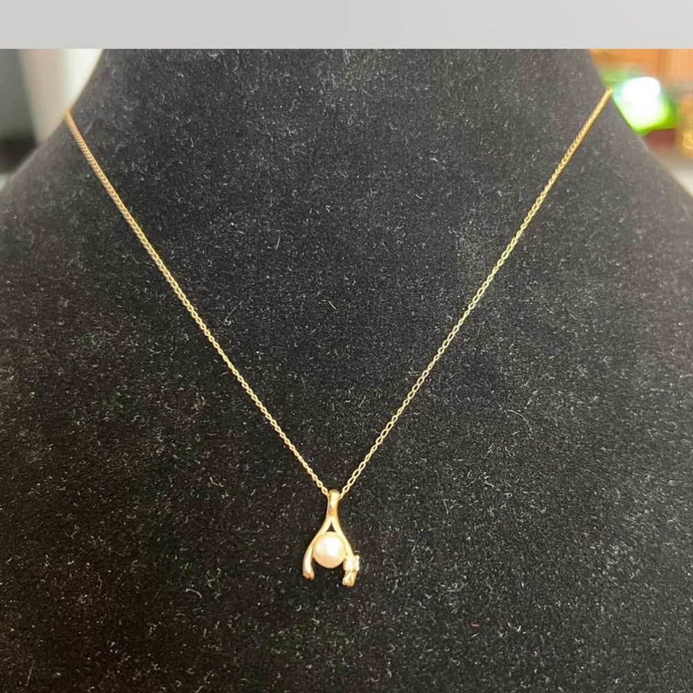 14K Gold Wishbone Necklace with Pearl